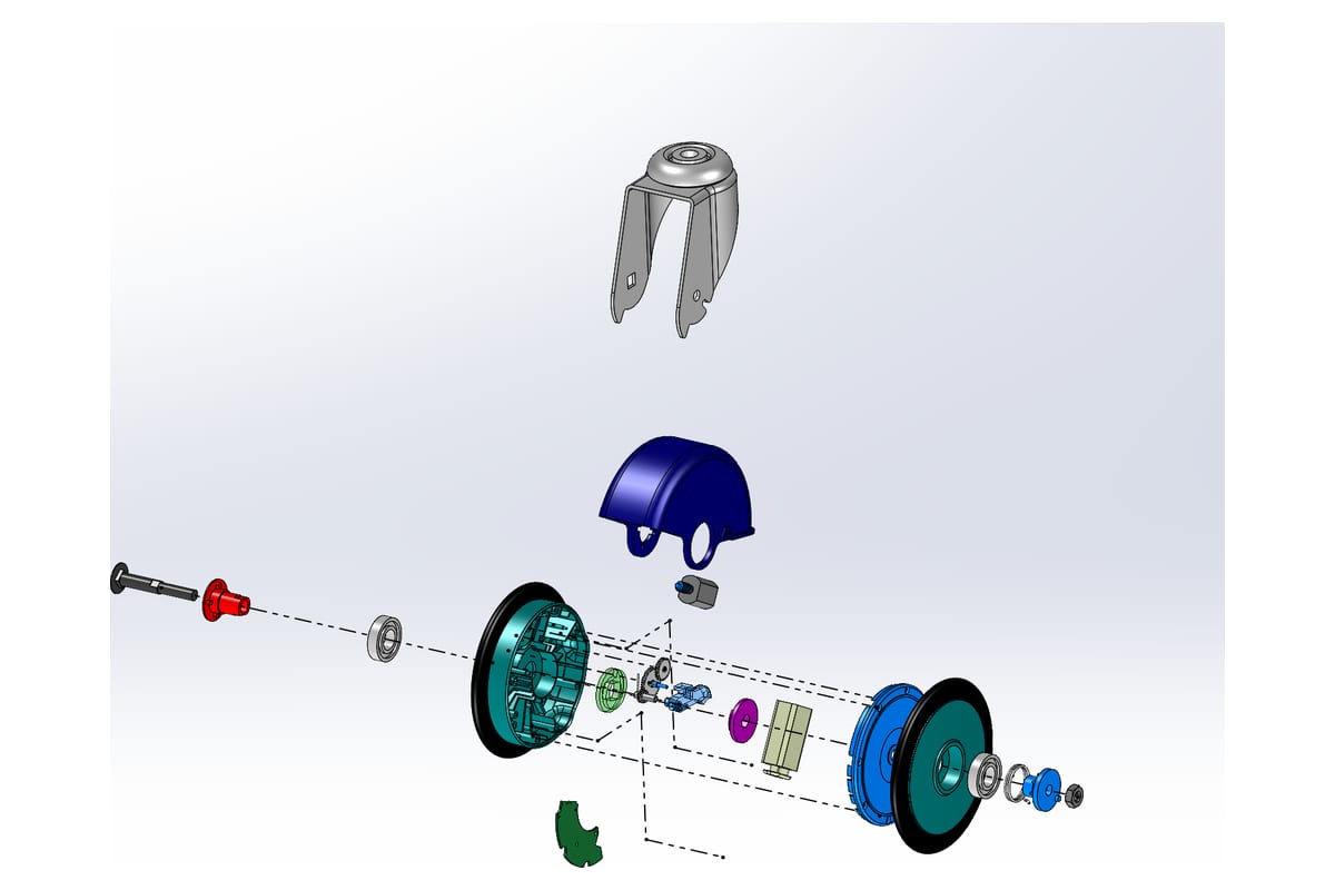 Exploded-view CAD model of a powered caster assembly
